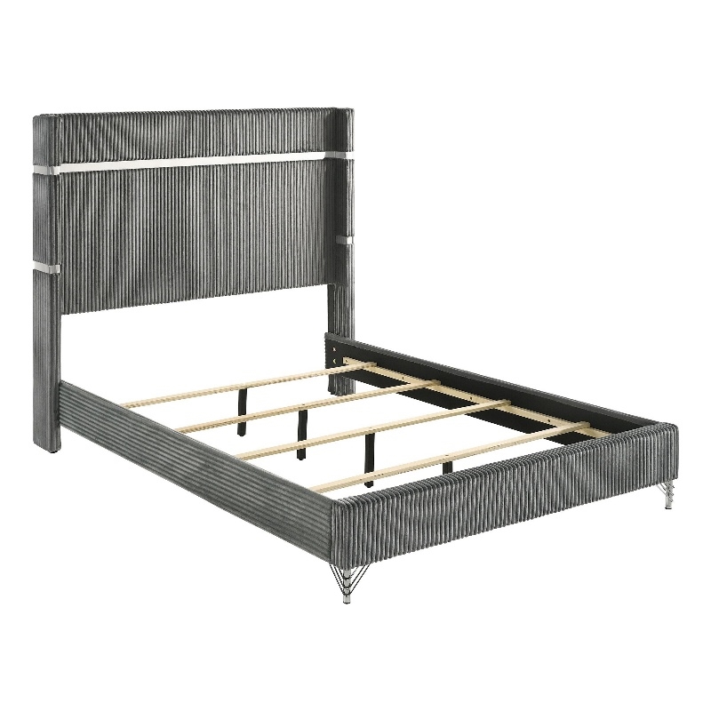 Jenny Queen Size Bed- Wingback Fluted Upholstered Headboard- Gray