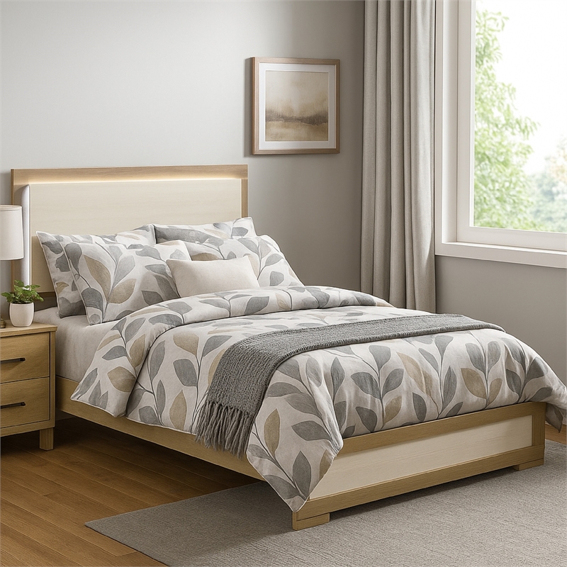 Hyle Queen Size Bed- Natural Brown Hardwood- LED Backlit Headboard