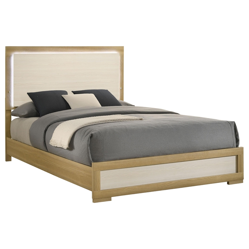 Hyle Queen Size Bed- Natural Brown Hardwood- LED Backlit Headboard