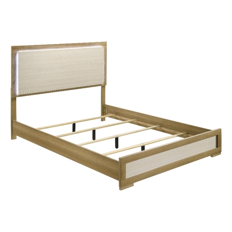 Hyle Queen Size Bed- Natural Brown Hardwood- LED Backlit Headboard