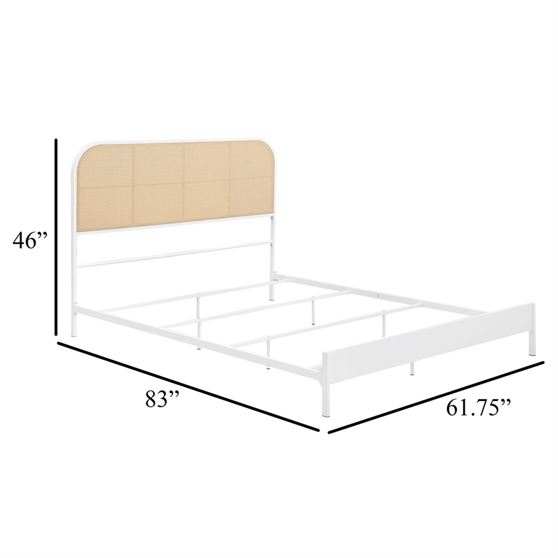 Ammy Queen Bed- Radio Weave Headboard- Brown Faux Rattan- White Metal