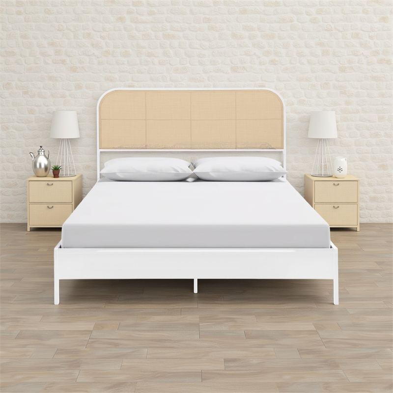 Ammy Queen Bed- Radio Weave Headboard- Brown Faux Rattan- White Metal