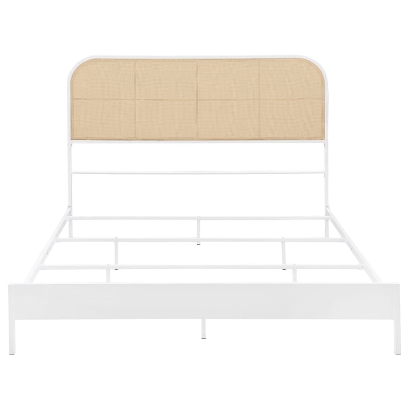 Ammy Queen Bed- Radio Weave Headboard- Brown Faux Rattan- White Metal