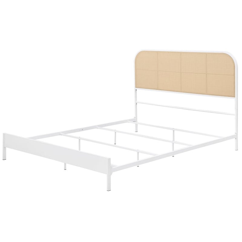 Ammy Queen Bed- Radio Weave Headboard- Brown Faux Rattan- White Metal