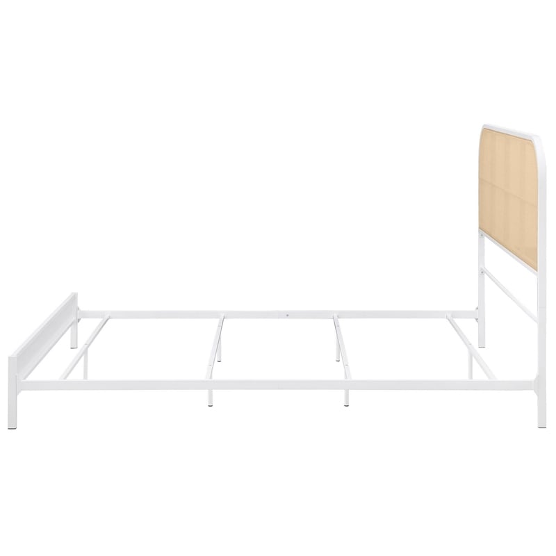 Ammy Queen Bed- Radio Weave Headboard- Brown Faux Rattan- White Metal