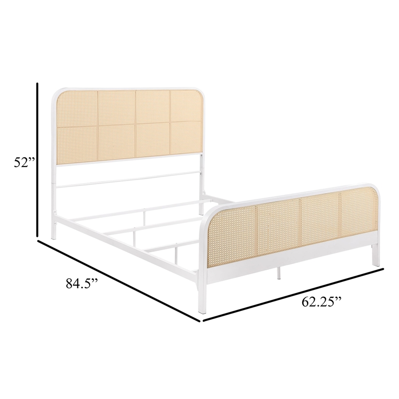 Lanie Queen Bed with Brown Open Cane Webbing Faux Rattan- White Metal