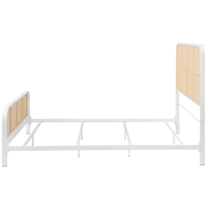 Lanie Queen Bed with Brown Open Cane Webbing Faux Rattan- White Metal