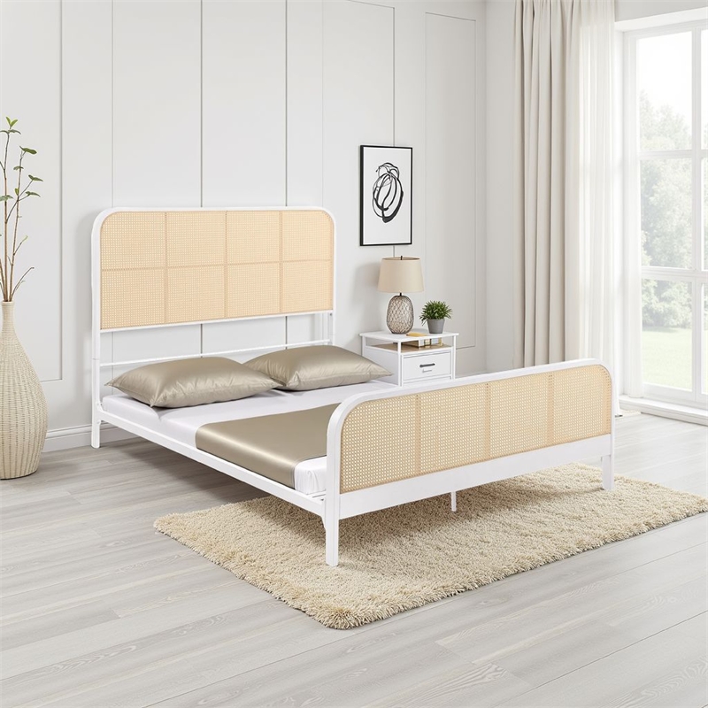 Lanie Queen Bed with Brown Open Cane Webbing Faux Rattan- White Metal