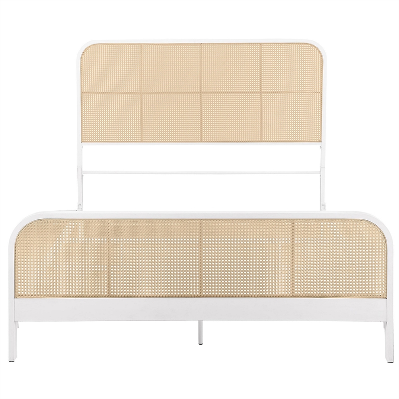 Lanie King Bed with Brown Open Cane Webbing Faux Rattan- White Metal