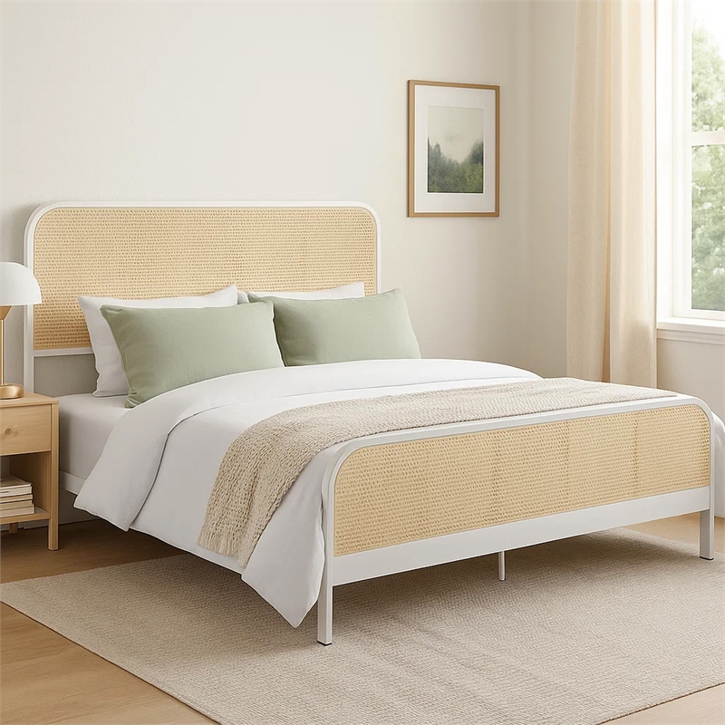 Lanie King Bed with Brown Open Cane Webbing Faux Rattan- White Metal