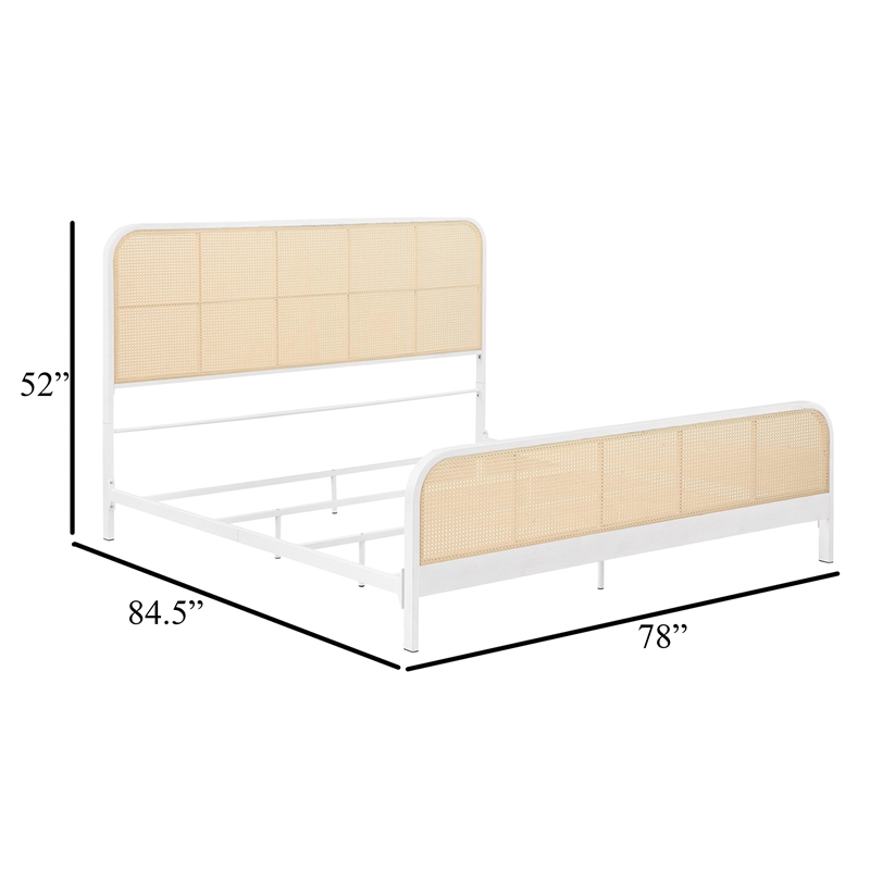 Lanie King Bed with Brown Open Cane Webbing Faux Rattan- White Metal