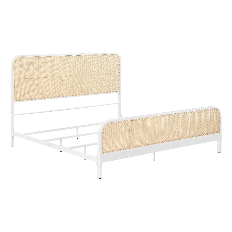 Lanie King Bed with Brown Open Cane Webbing Faux Rattan- White Metal