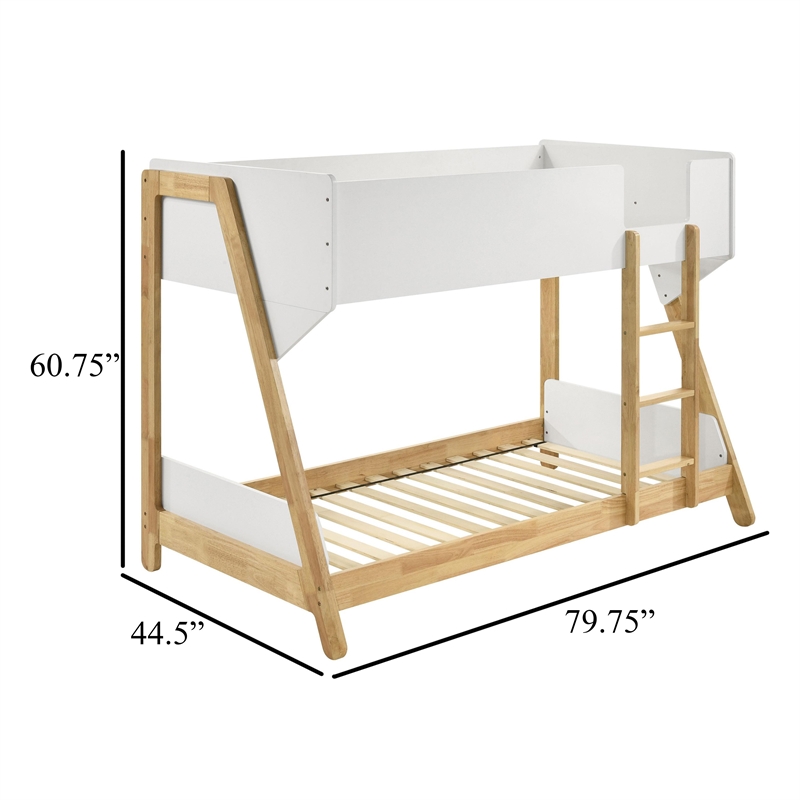 Wren Low-Profile Twin Bunk Bed with Guardrails- White-Natural Wood