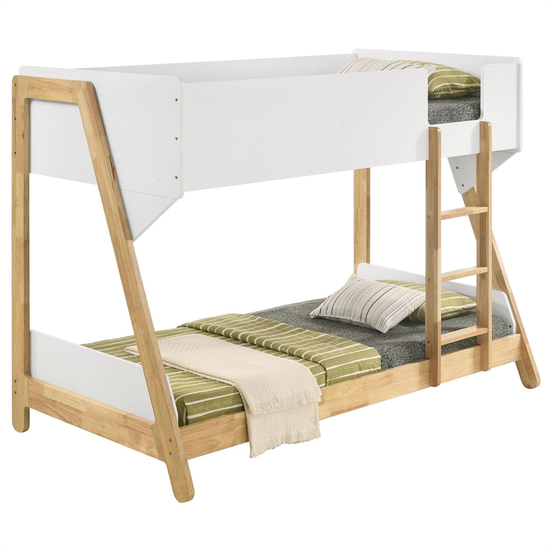 Wren Low-Profile Twin Bunk Bed with Guardrails- White-Natural Wood