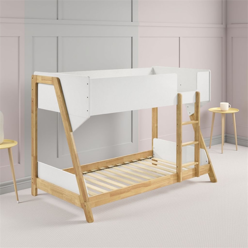 Wren Low-Profile Twin Bunk Bed with Guardrails- White-Natural Wood