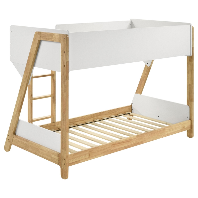 Wren Low-Profile Twin Bunk Bed with Guardrails- White-Natural Wood