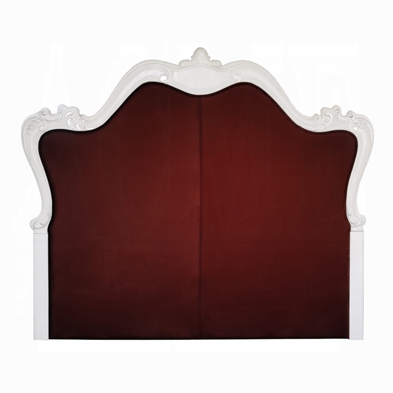 Sicily King Bed- Classic White Carved Frame- Tufted Gray Faux Leather