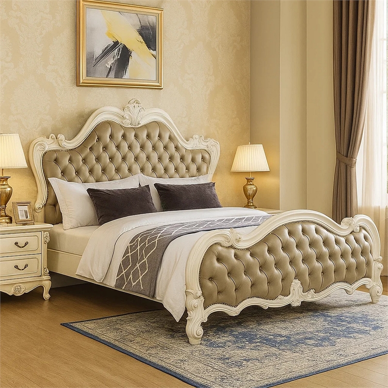 Sicily King Bed- Classic White Carved Frame- Tufted Gray Faux Leather