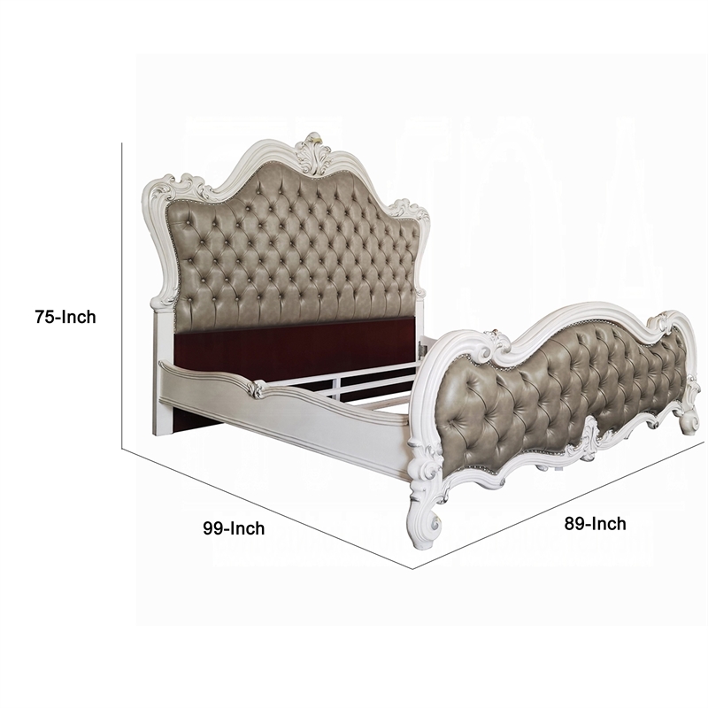 Sicily King Bed- Classic White Carved Frame- Tufted Gray Faux Leather