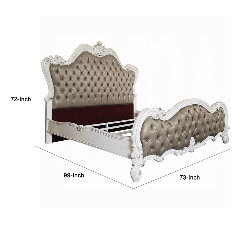 Sicily Queen Bed- Classic White Carved Frame- Tufted Gray Faux Leather