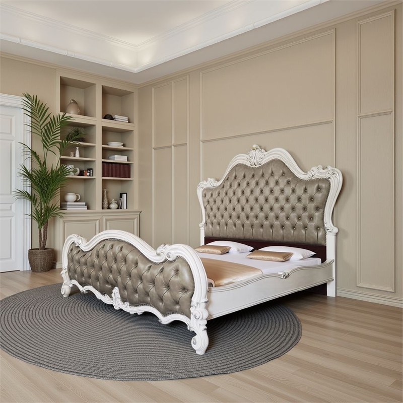 Sicily Queen Bed- Classic White Carved Frame- Tufted Gray Faux Leather