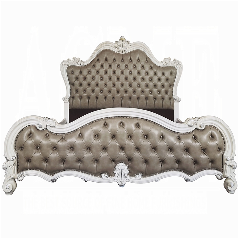 Sicily Queen Bed- Classic White Carved Frame- Tufted Gray Faux Leather