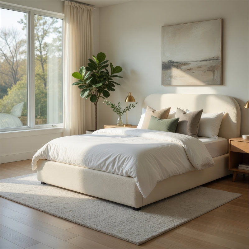 Ardie King Bed- Low Profile Footboard- Plush Beige Upholstered Panel