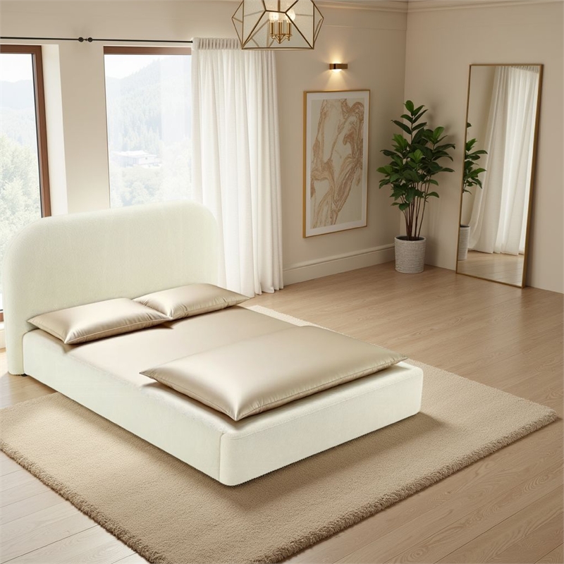 Ardie Queen Bed- Low Profile Footboard- Plush Beige Upholstered Panel