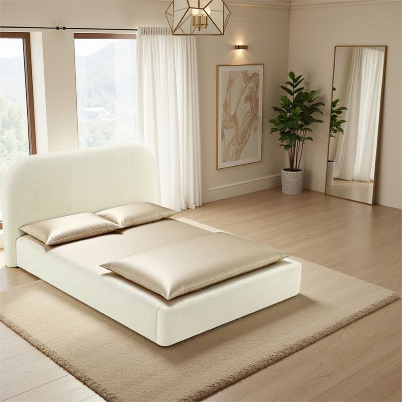 Ardie Queen Bed- Low Profile Footboard- Plush Beige Upholstered Panel