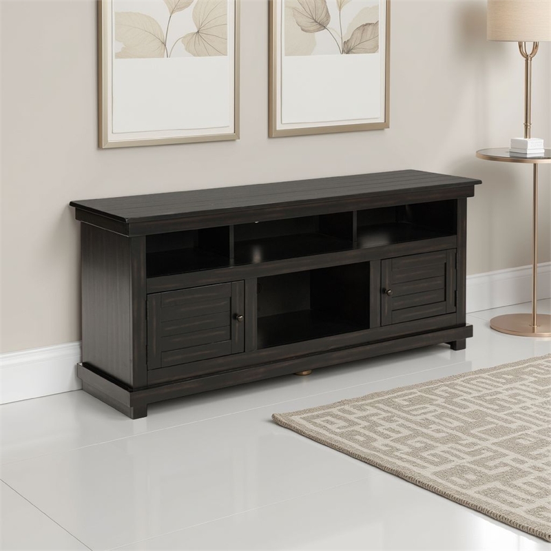 Ayne TV Stand Media Cabinet- 2 Doors and 4 Shelves- Black Wood 60 Inch