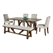 Jule 6pc Dining Set- Brown Rectangular Table- Chairs- Bench w White Seats