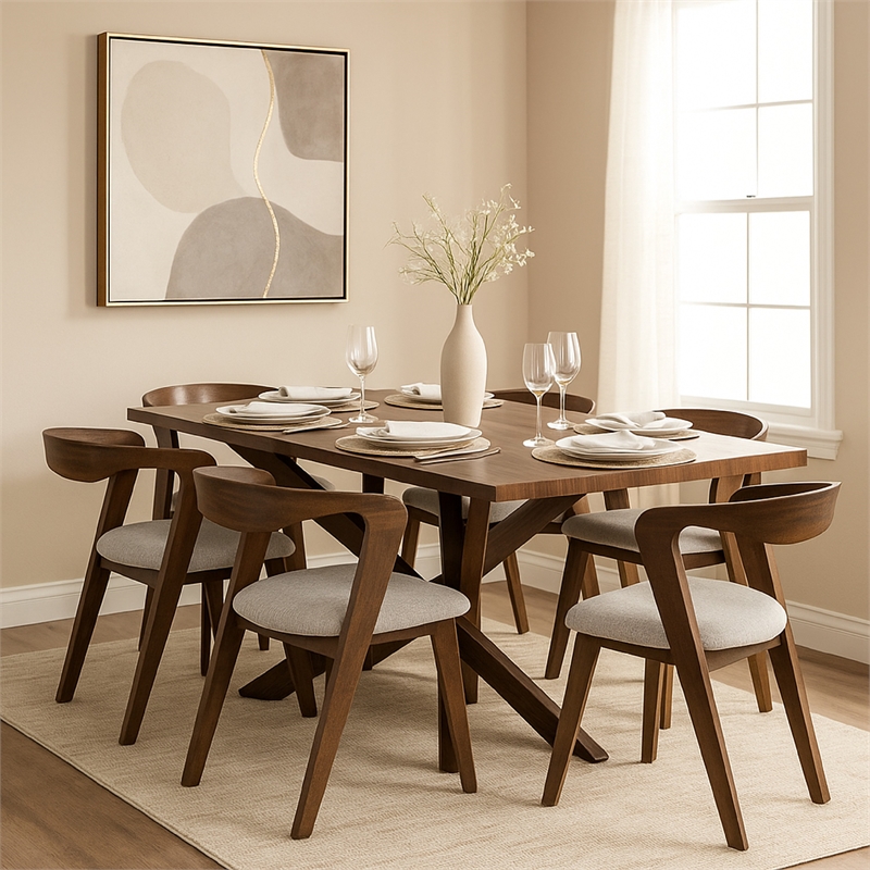 Vyva 7pc Dining Table Set- 6 Ivory White Chairs- Brown Full Solid Wood