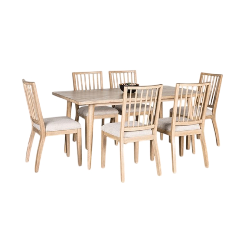 Lucas 7pc Dining Table Set- 6 Spindle Back Fabric Chair- Natural Brown