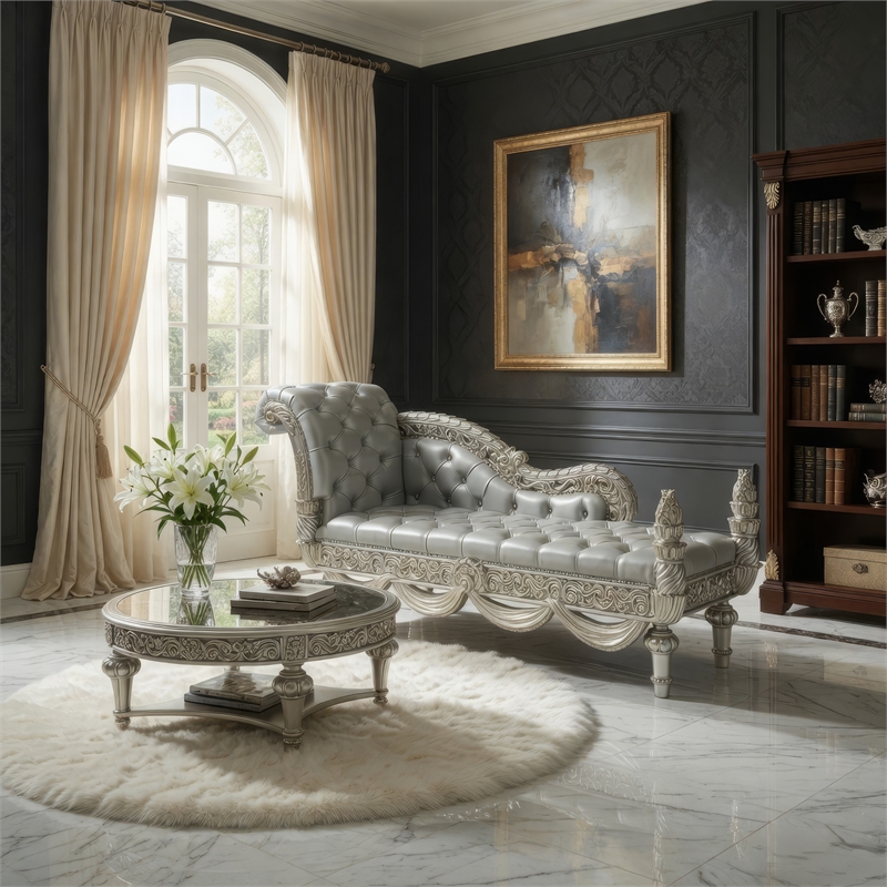 Dove Chaise Bench- Beige Faux Leather- Champagne Finished Wood 82 Inch