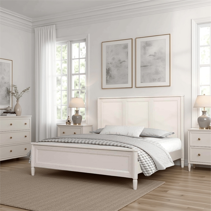 Alta Queen Size Bed- Classic French Design- White Solid Wood Frame