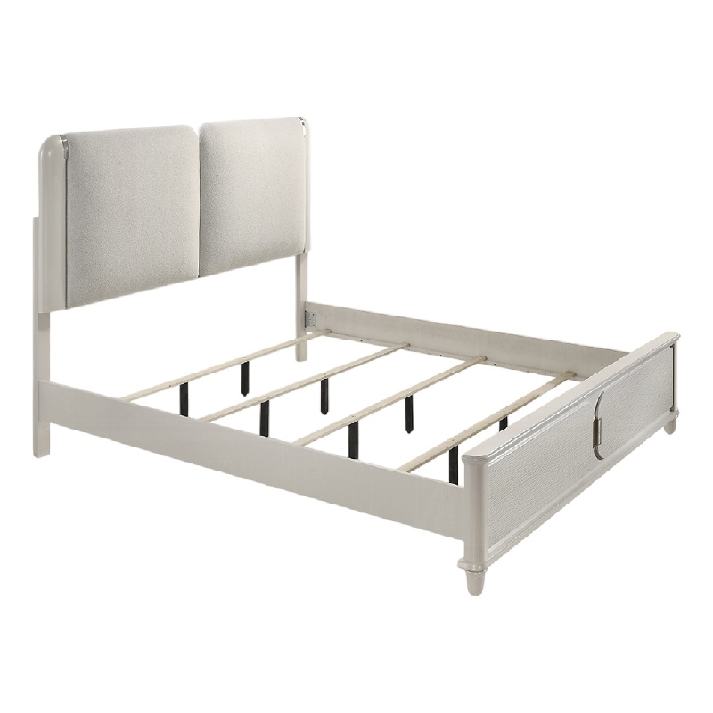 Veda Queen Size Bed with LED- Pearl White- Gray Boucle Upholstered