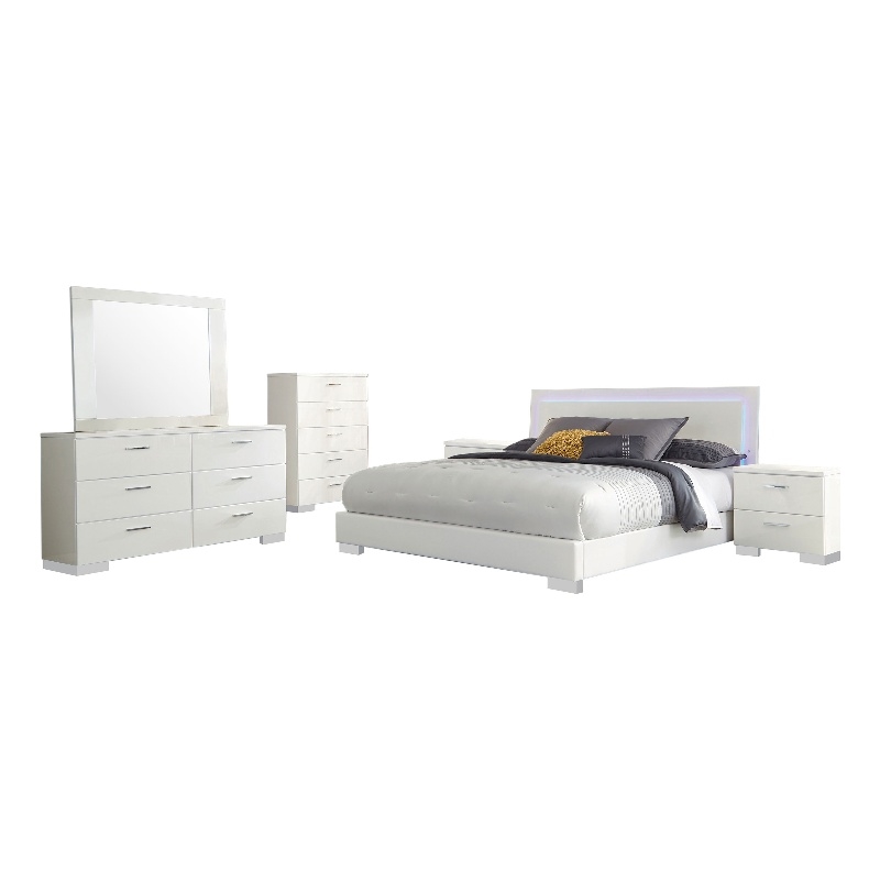 Sok 6pc Queen Bedroom Set- Faux Leather Upholstery- High Gloss White