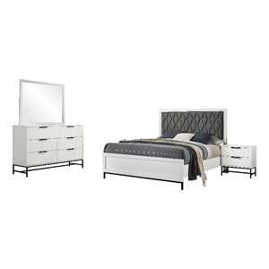 Noro 4pc Queen Bedroom Set- Modern White- Dresser Mirror Nightstand