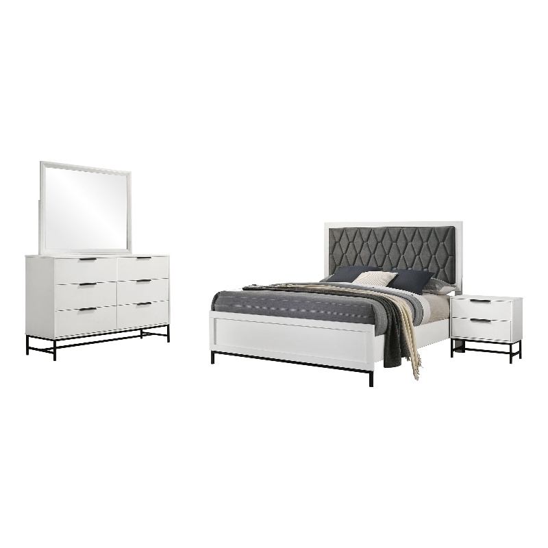 Noro 4pc Queen Bedroom Set- Modern White- Dresser Mirror Nightstand