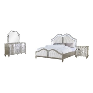 Nive 4pc Queen Bedroom Set- Ivory Channel Tufted Bed with Silver Oak