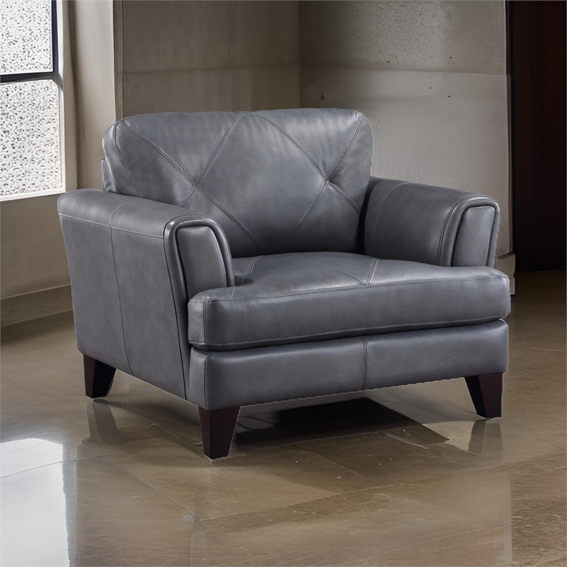 Lisa 38 Inch Accent Chair- Gray Top Grain and Split Leather- Solid Wood