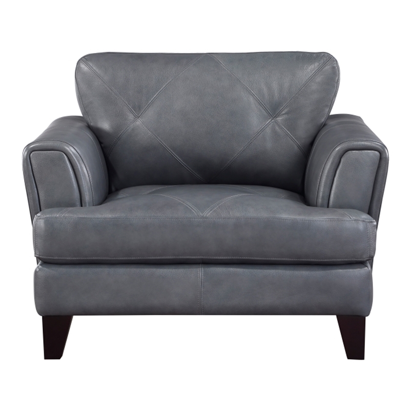 Lisa 38 Inch Accent Chair- Gray Top Grain and Split Leather- Solid Wood