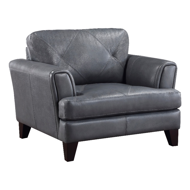 Lisa 38 Inch Accent Chair- Gray Top Grain and Split Leather- Solid Wood