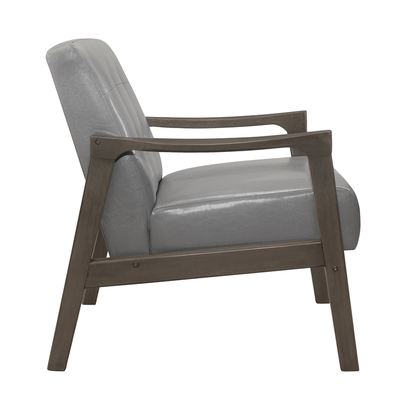 Aly 31 Inch Accent Chair Armchair- Gray Faux Leather- Brown Solid Wood