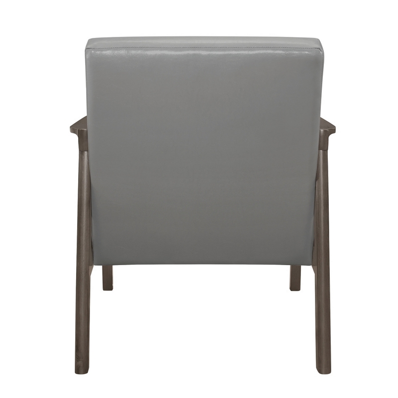 Aly 31 Inch Accent Chair Armchair- Gray Faux Leather- Brown Solid Wood