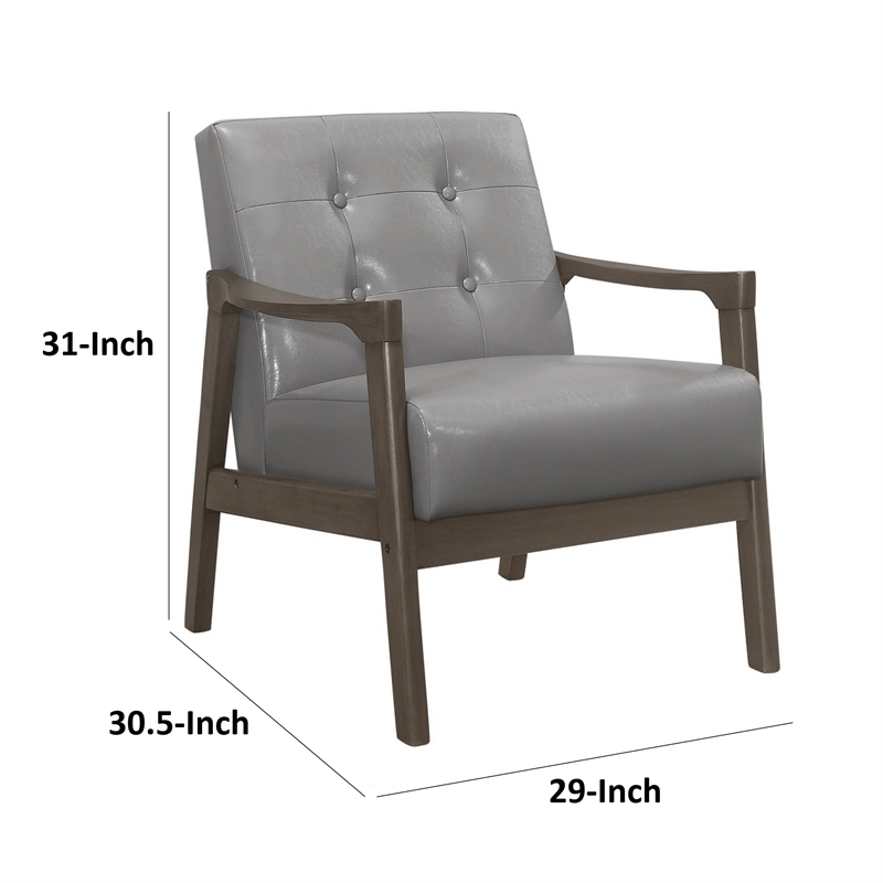 Aly 31 Inch Accent Chair Armchair- Gray Faux Leather- Brown Solid Wood