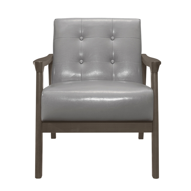 Aly 31 Inch Accent Chair Armchair- Gray Faux Leather- Brown Solid Wood