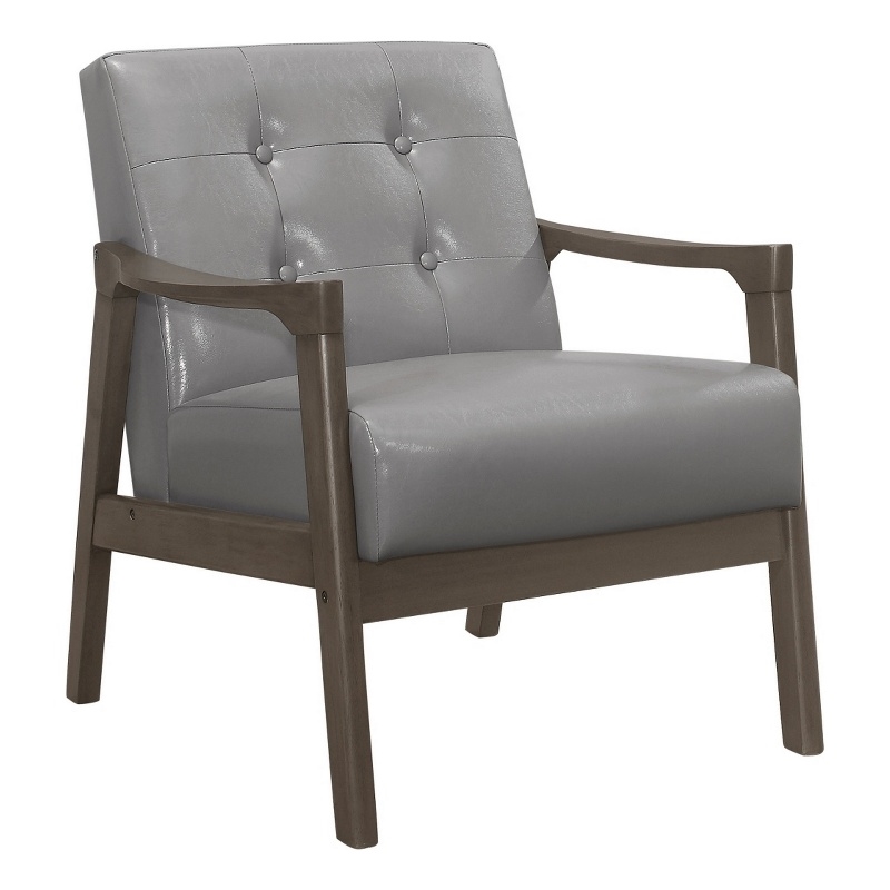 Aly 31 Inch Accent Chair Armchair- Gray Faux Leather- Brown Solid Wood