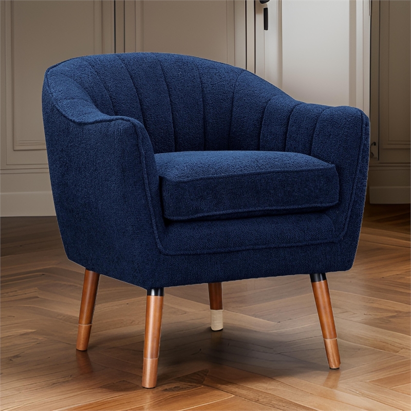 Tia 31 Inch Plush Accent Chair Armchair- Blue Polyester- Brown Solid Wood