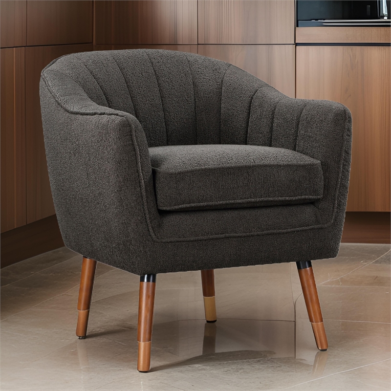 Tia 31 Inch Plush Accent Chair Armchair- Gray Polyester- Brown Solid Wood
